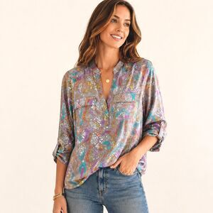 Alice + Trixie Silk Blouse Snake Print Multicolor Popover Top Long Sleeve Size S